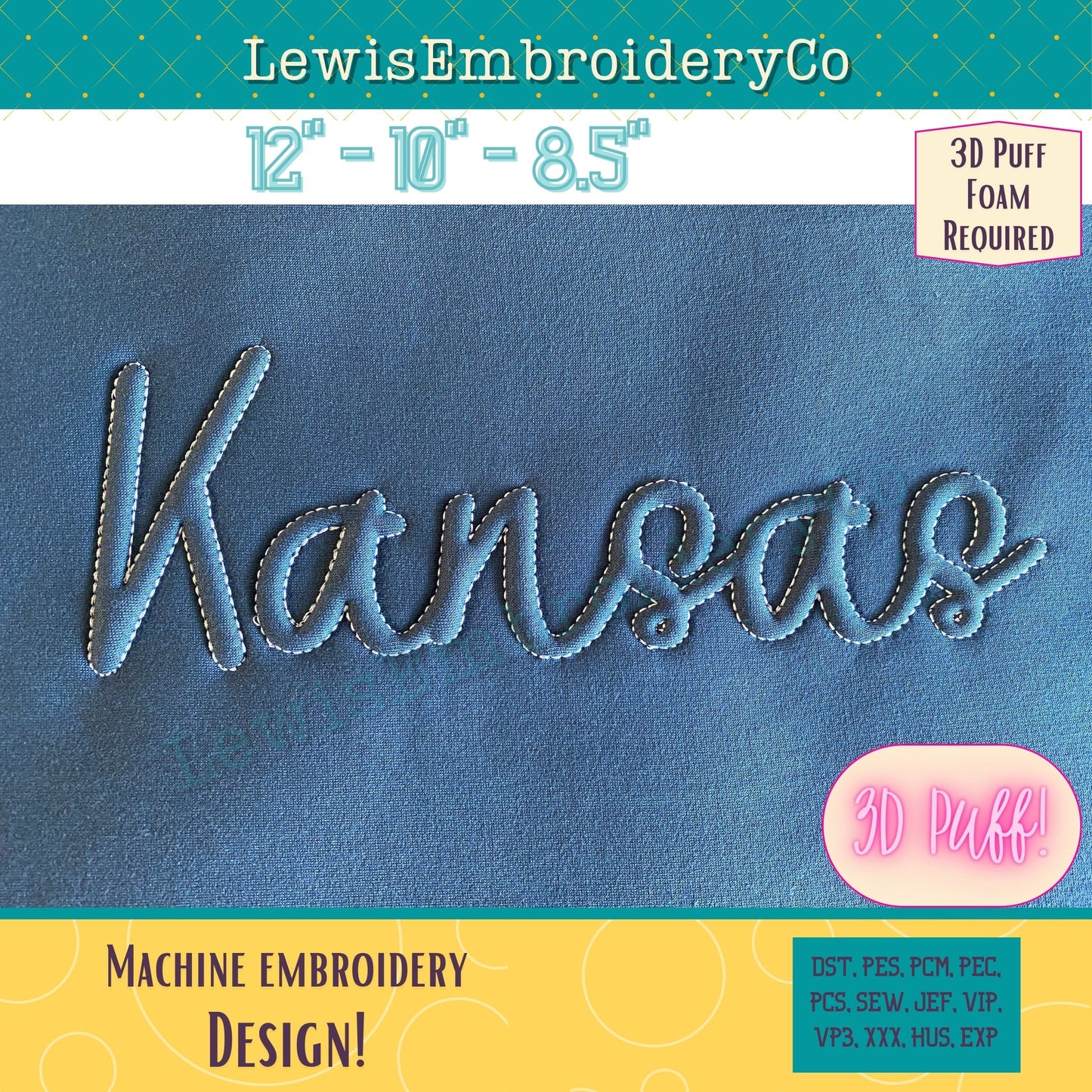 KANSAS Embossed 3D Puff, Machine Embroidery Design - NOT Full Font (PDF Tutorial Included)