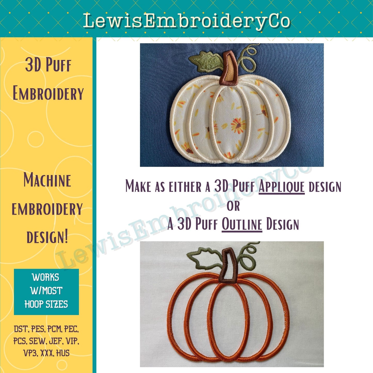3D Puff Pumpkin, Machine Embroidery Design - (PDF Tutorial Included)