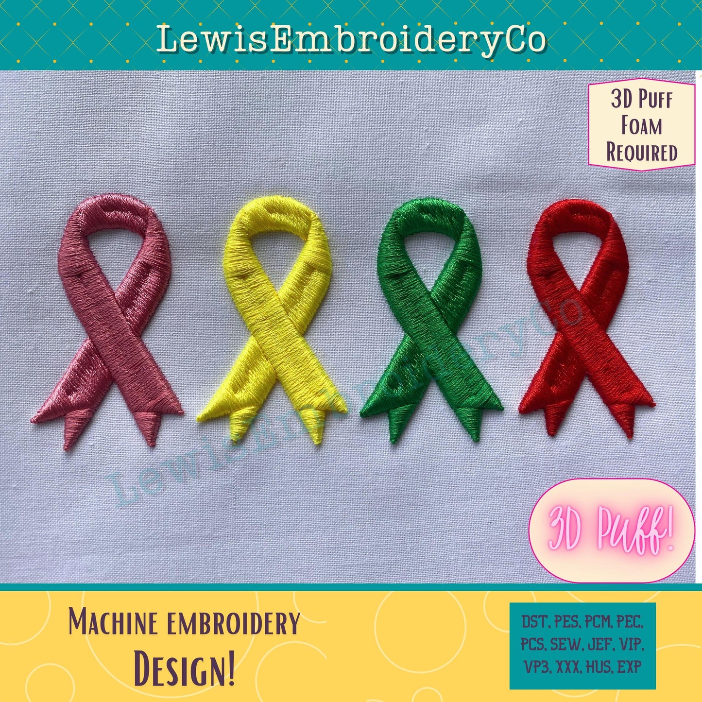 3D Puff Awareness Ribbon, Machine Embroidery Design - (PDF Tutorial Included)