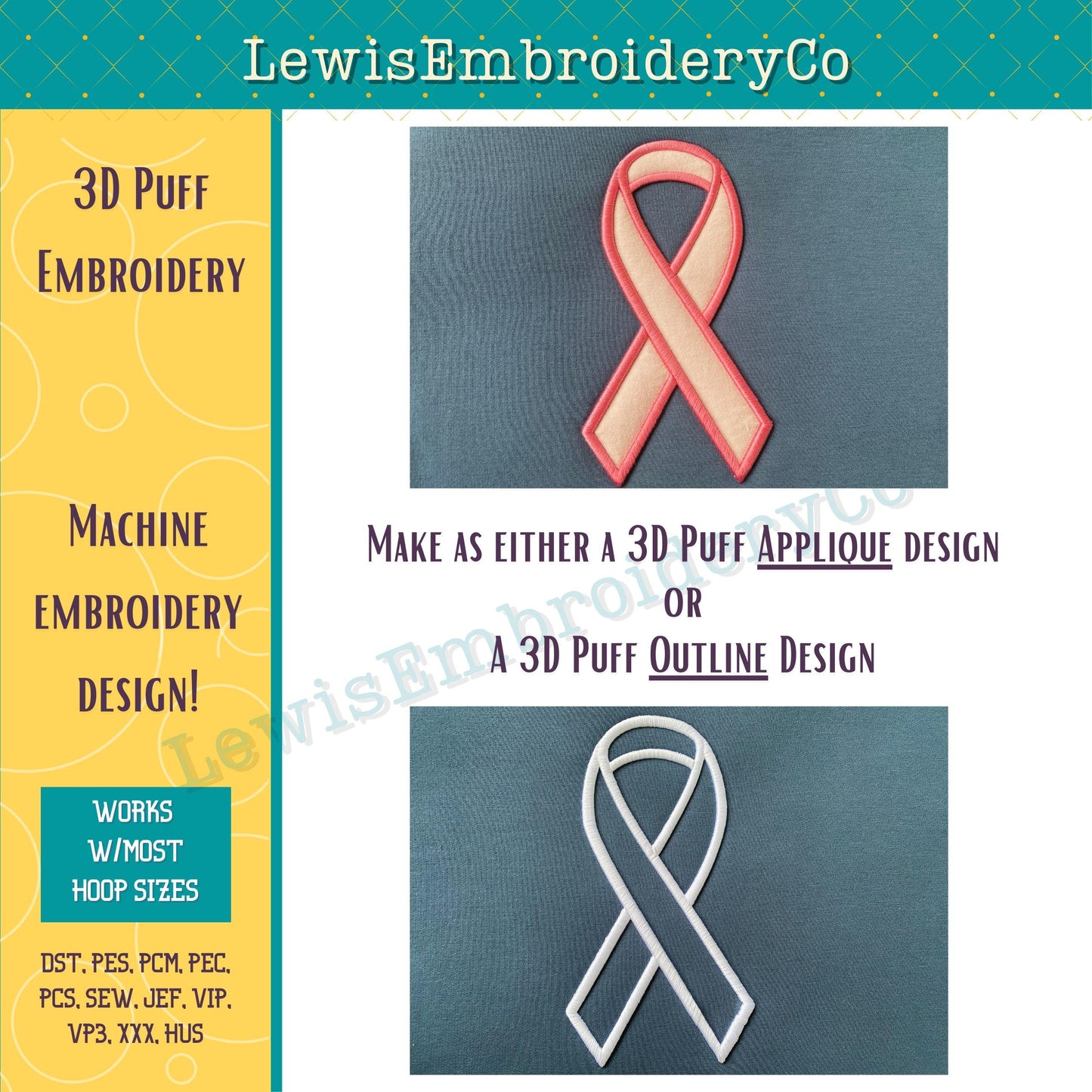3D Puff Applique, Awareness Ribbon, Machine Embroidery Design - (PDF Tutorial Included)