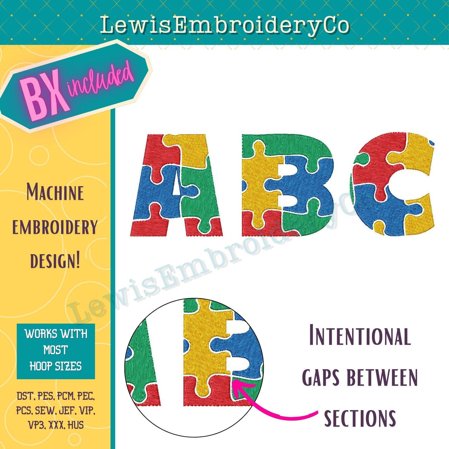 Autism Awareness Puzzle, Machine Embroidery Font - With BX - (PDF Tutorial Included)