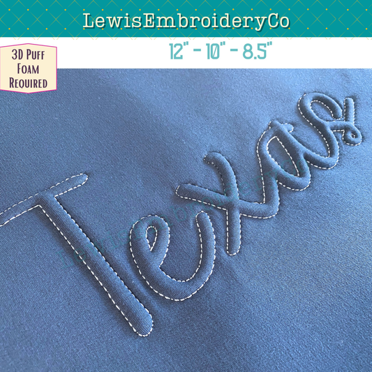 "TEXAS" Embossed 3D Puff, Machine Embroidery Design - NOT Full Font - (PDF Tutorial Included)
