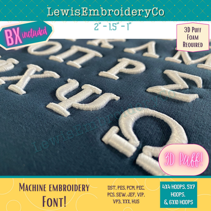 3D Puff, Greek, Machine Embroidery Font - With BX - (PDF Tutorial Included) (Copy)