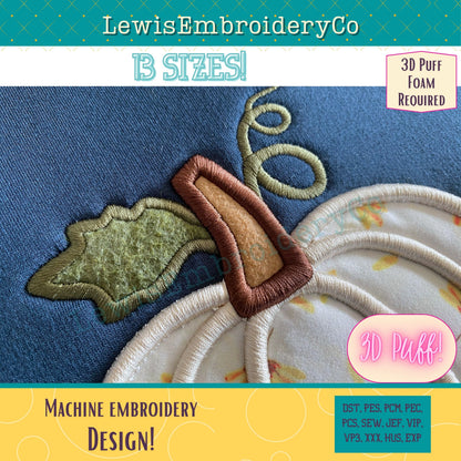 3D Puff Applique Pumpkin, Machine Embroidery Design - (PDF Tutorial Included) (Copy)