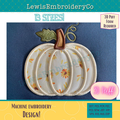 3D Puff Applique Pumpkin, Machine Embroidery Design - (PDF Tutorial Included) (Copy)