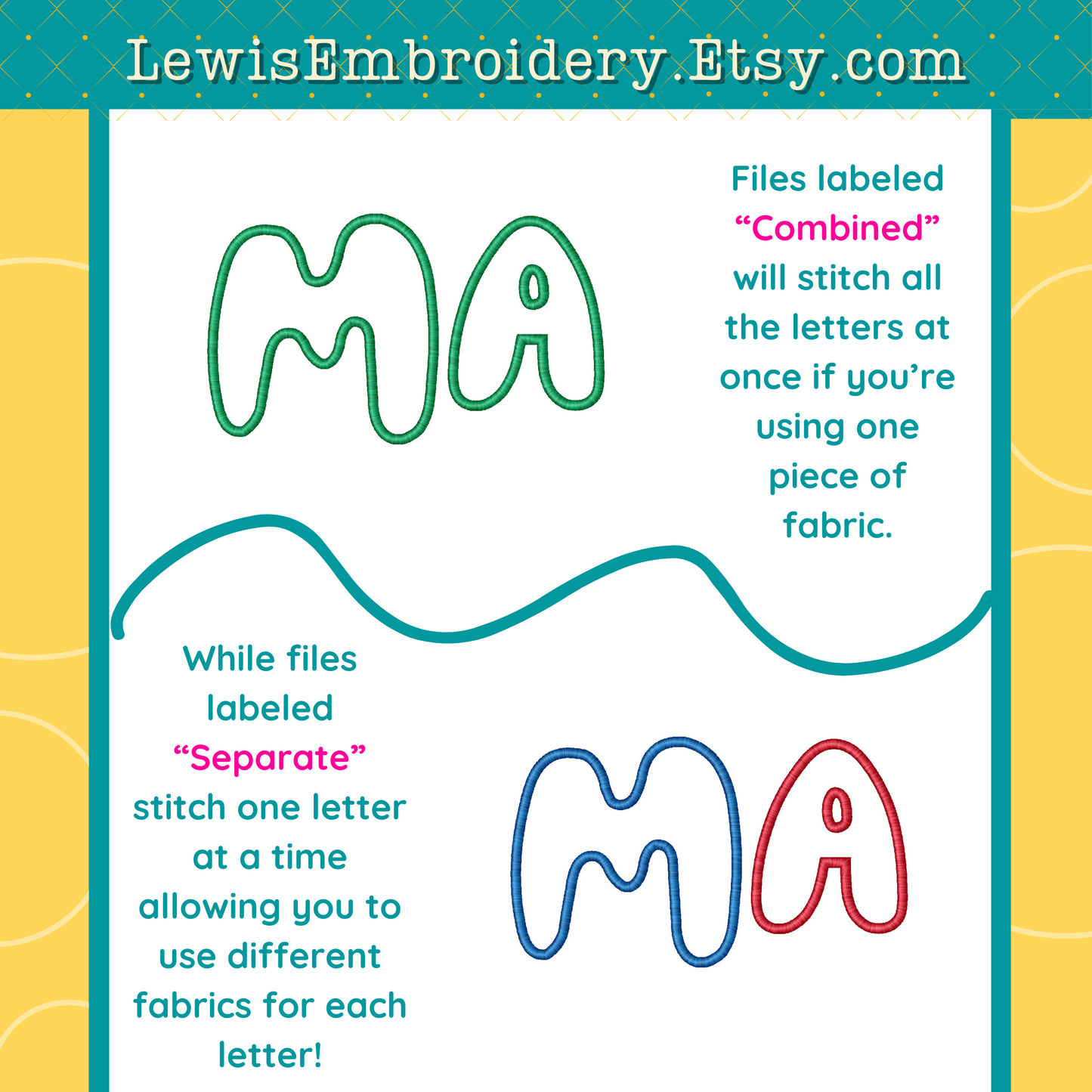 "MA" Applique, Machine Embroidery Design – NOT Full Bluey Font - (Digital Download)
