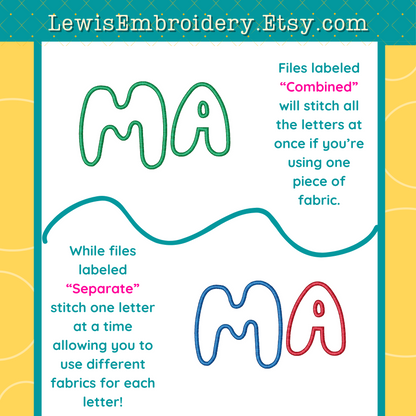 "MA" Applique, Machine Embroidery Design – NOT Full Bluey Font - (Digital Download)