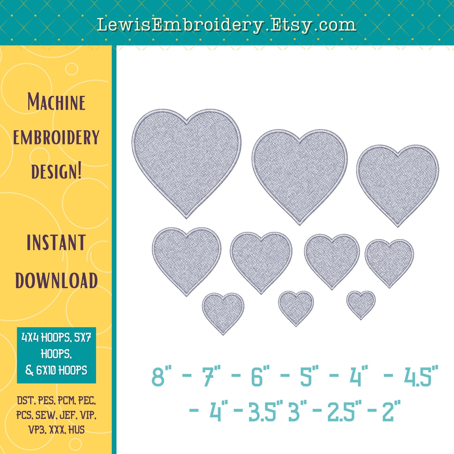 Heart Shaped, Drop Down Stitch, Machine Embroidery Design - (Digital Download)