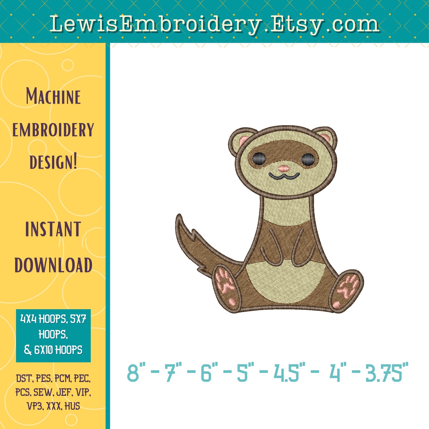 Happy Sitting Ferret, Machine Embroidery Design – (Digital Download)