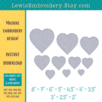 Heart Shaped Lay Down Stitch, Machine Embroidery Design – (Digital Download)