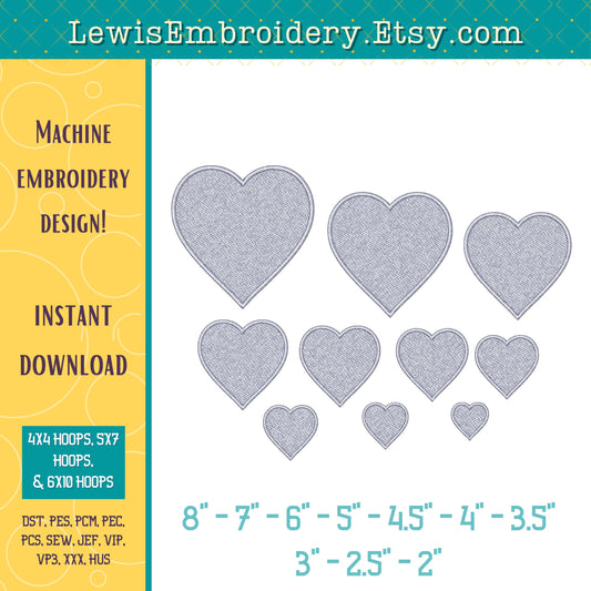 Heart Shaped Lay Down Stitch, Machine Embroidery Design – (Digital Download)