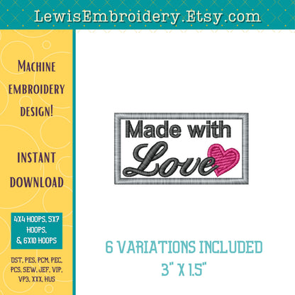Made With Love Tag, Machine Embroidery Design – (Digital Download)