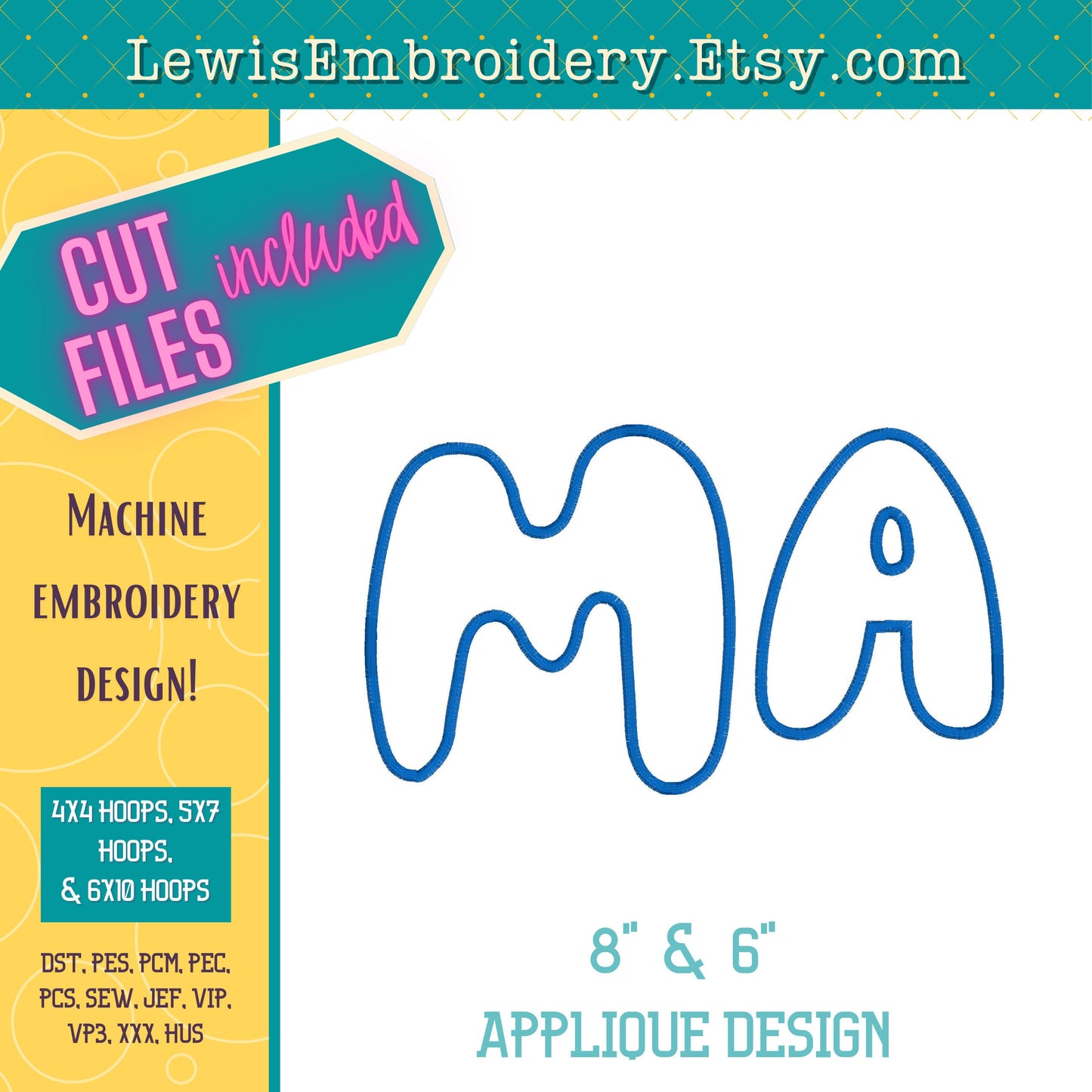 "MA" Applique, Machine Embroidery Design – NOT Full Bluey Font - (Digital Download)