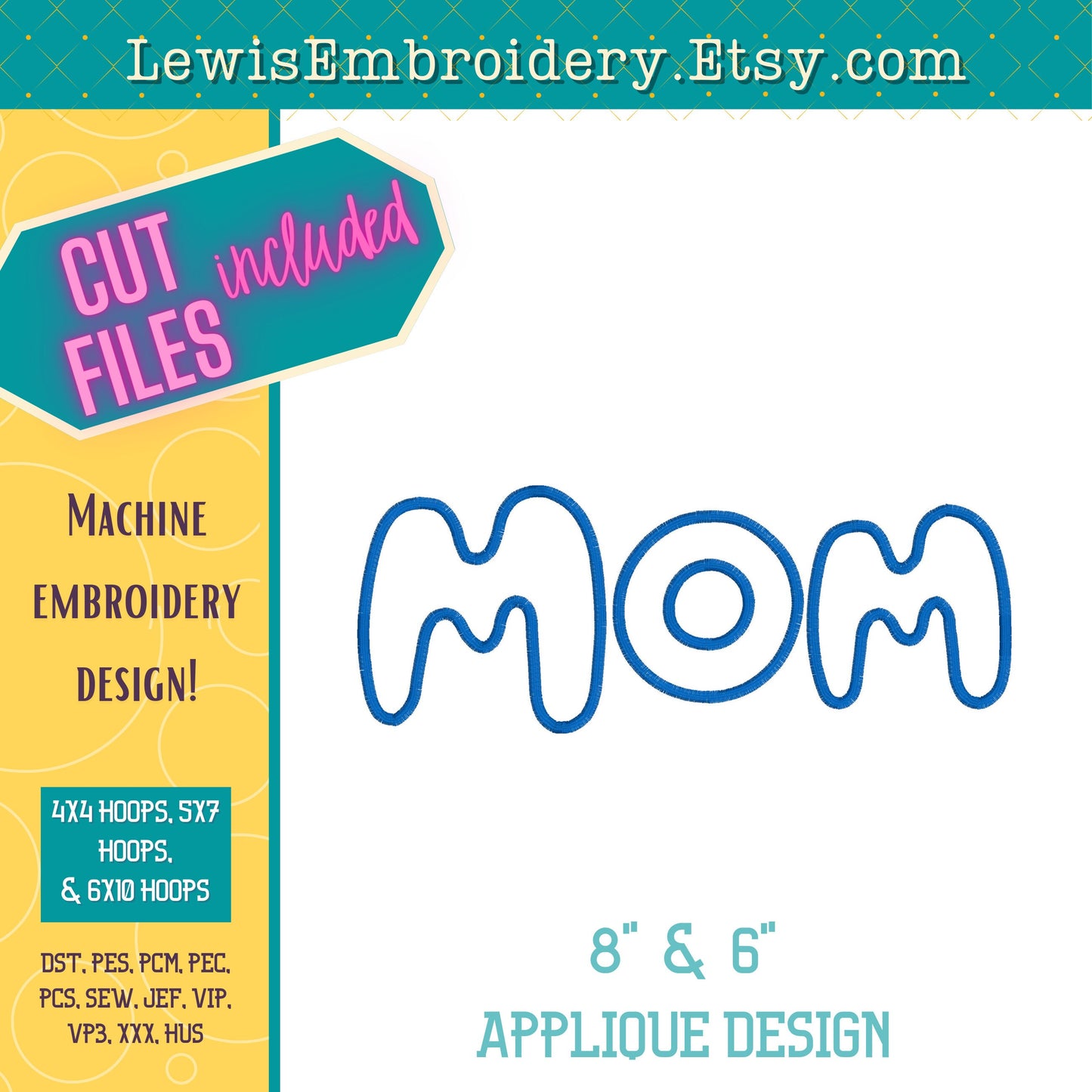 "MOM" Applique, Machine Embroidery Design – Not Full Bluey Font - (Digital Download)
