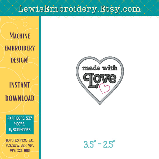 Made With Love Heart, Machine Embroidery Design - (Digital Download)
