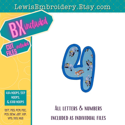 Bluey, Applique Machine Embroidery Font - with BX - (PDF Tutorial Included)