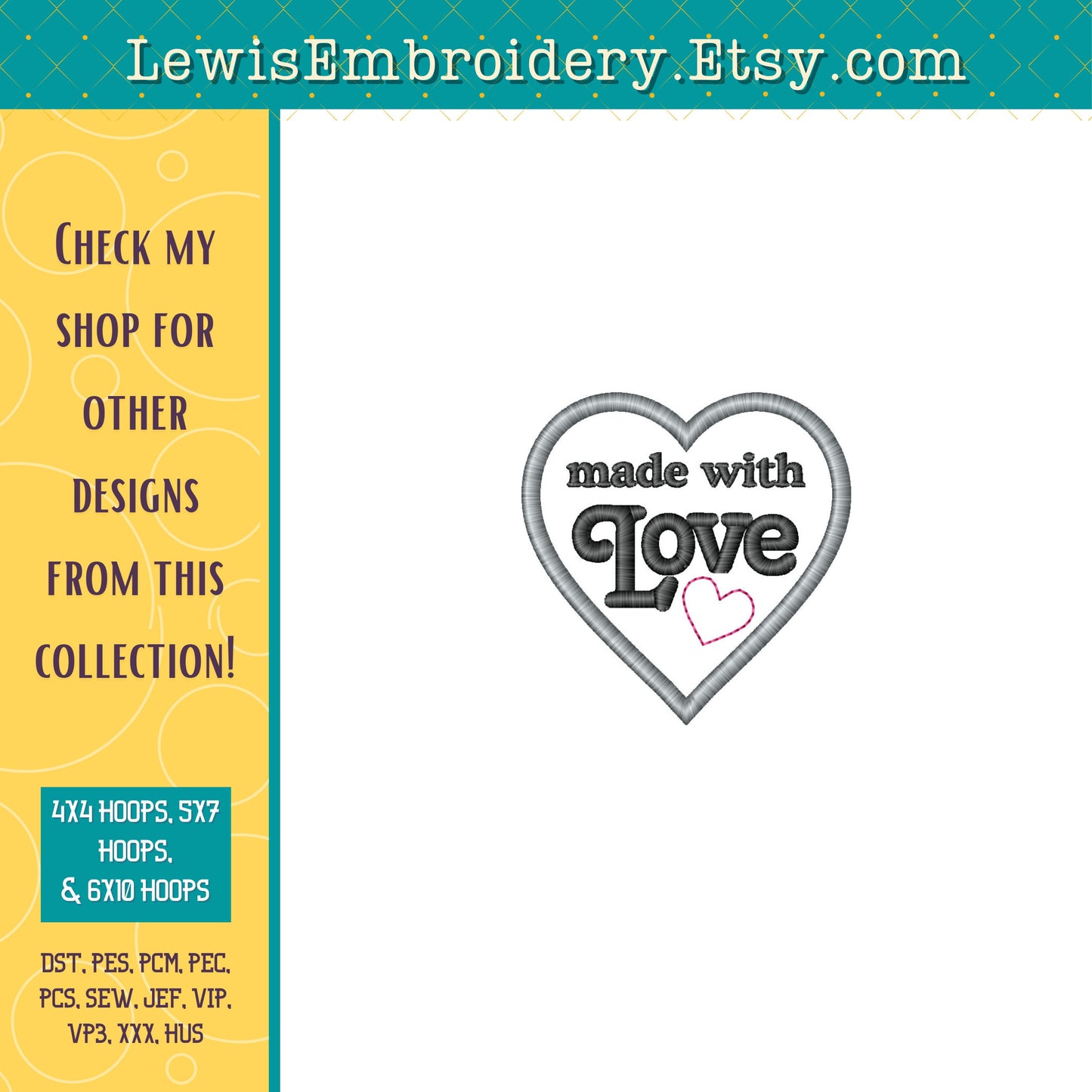 Made With Love Heart, Machine Embroidery Design - (Digital Download)