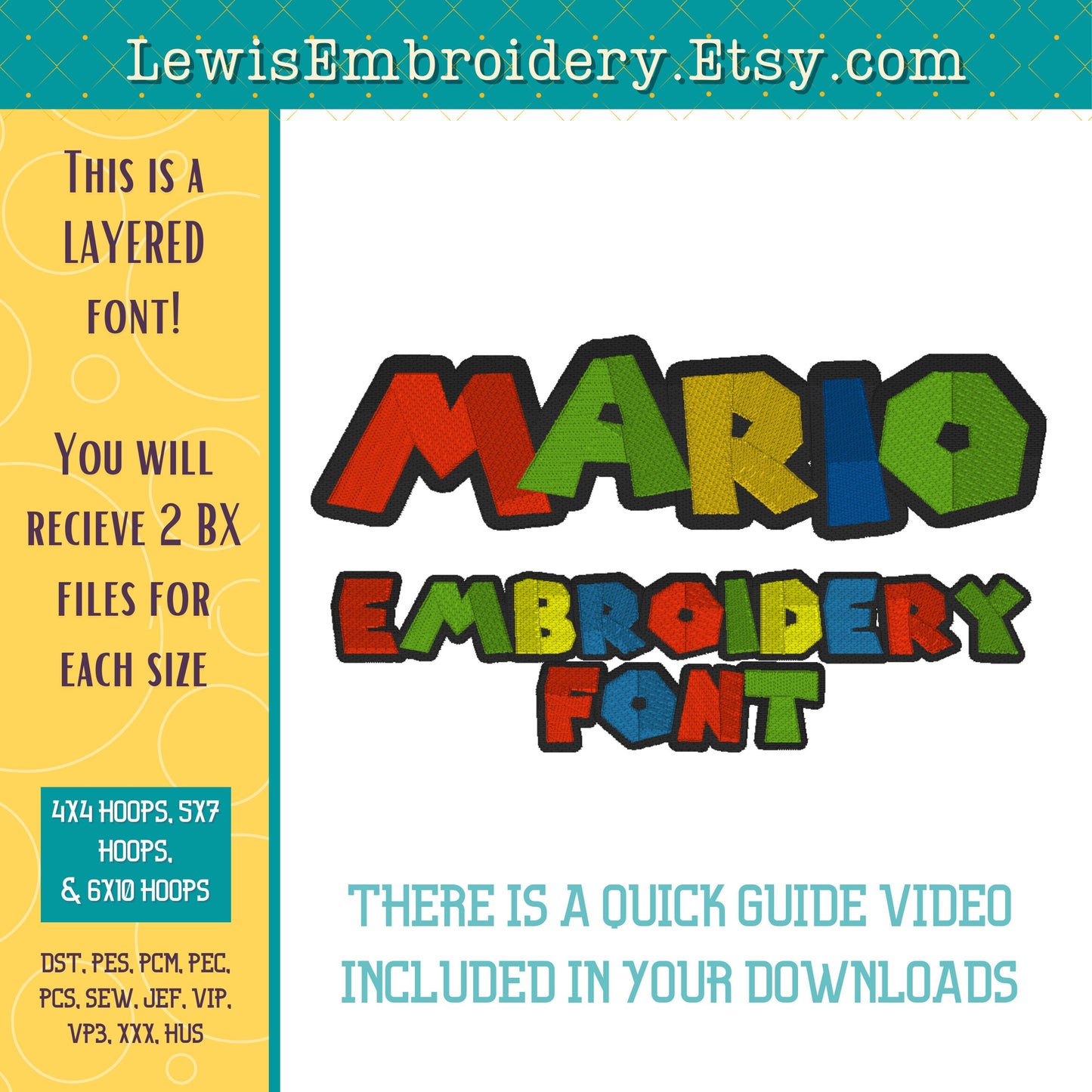 Mario, Machine Embroidery Font - with BX - (PDF Tutorial Included)