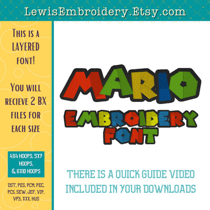 Mario, Machine Embroidery Font - with BX - (PDF Tutorial Included)