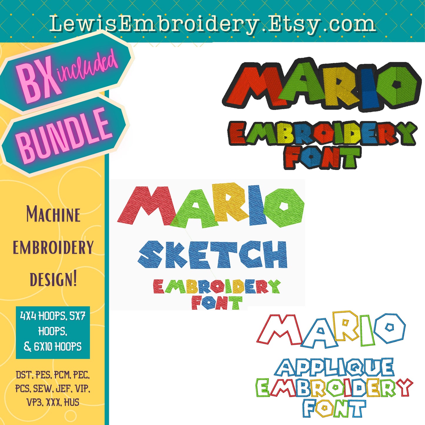Mario Embroidery Font Bundle – Applique, Sketch, Fill - (BX Included)