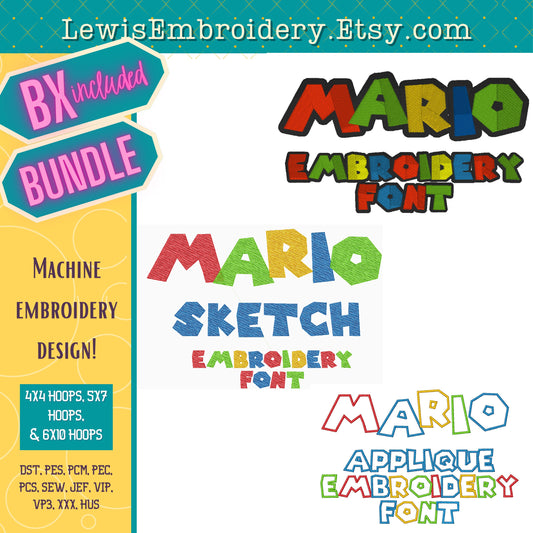 Mario Embroidery Font Bundle – Applique, Sketch, Fill - (BX Included)