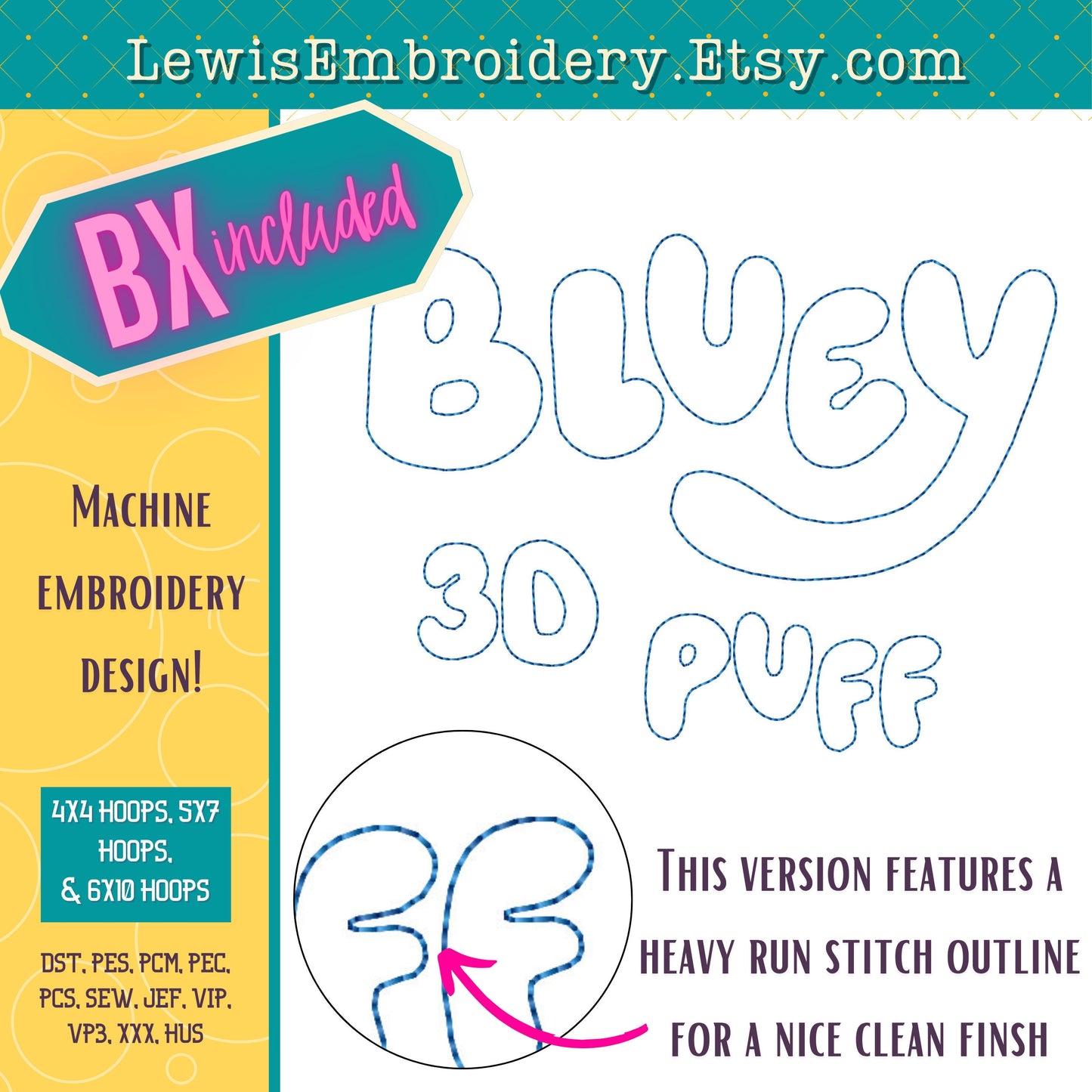 Bluey Embossed 3D Puff, Machine Embroidery Font - With BX - (PDF Tutorial Included)