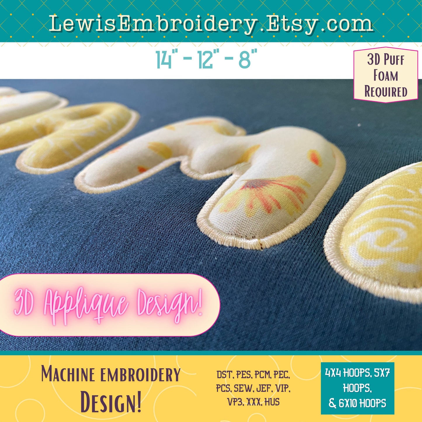 MAMA, 3D Puff Applique, Machine Embroidery Design - NOT Full Bluey Font - (PDF Tutorial Included)