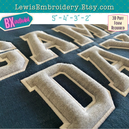 3D Puff Applique, Varsity, Machine Embroidery Font - (PDF Tutorial Included)