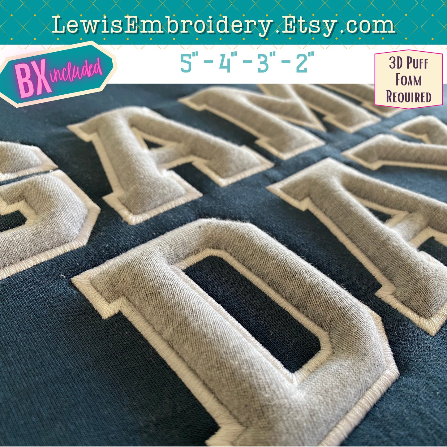 3D Puff Applique Embossed, Varsity, Machine Embroidery Font - With BX - (PDF Tutorial Included)