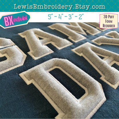 3D Puff Applique Embossed, Varsity, Machine Embroidery Font - With BX - (PDF Tutorial Included)