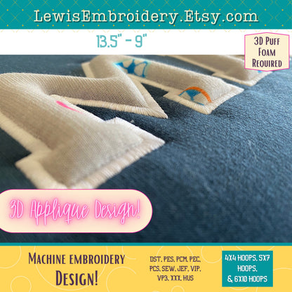 MAMA 3D Puff Applique, Machine Embroidery Design - NOT Full Font - (PDF Tutorial Included)