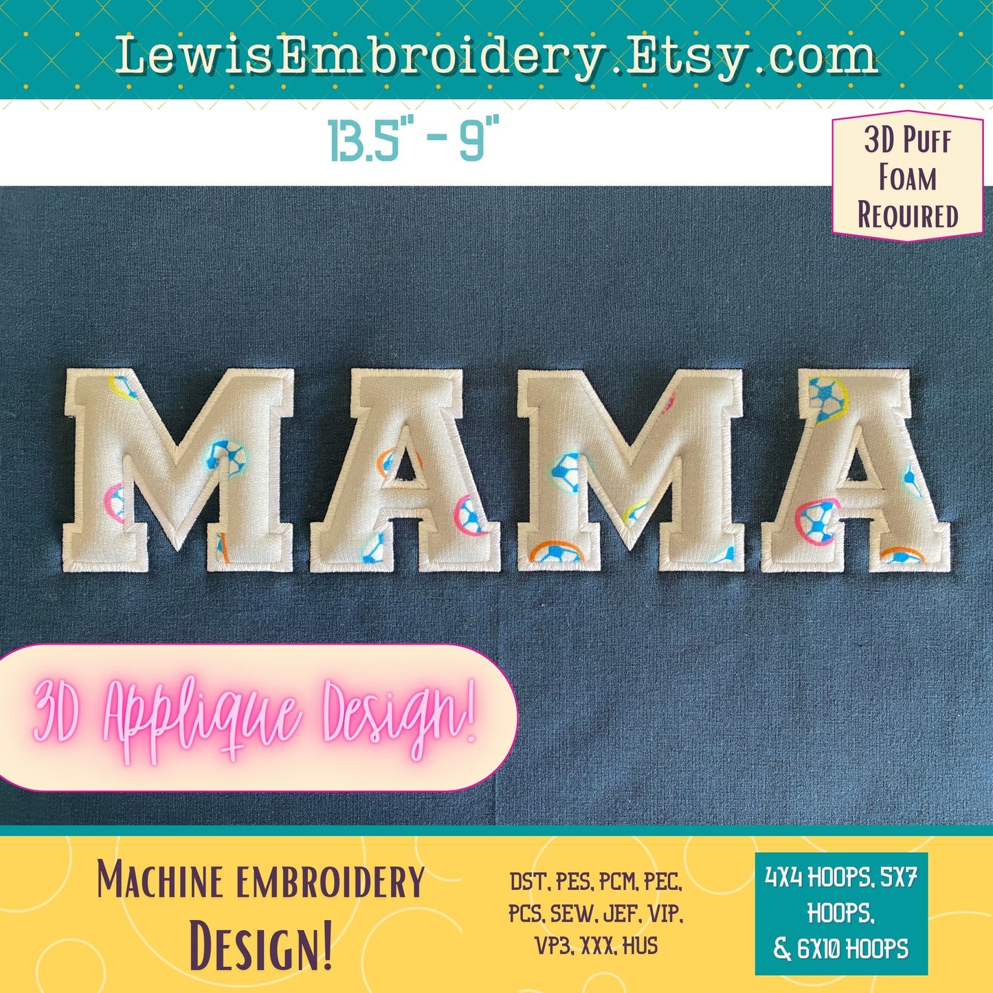 MAMA 3D Puff Applique, Machine Embroidery Design - NOT Full Font - (PDF Tutorial Included)