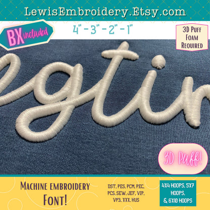 3D Puff Script, Machine Embroidery Font - With BX - (PDF Tutorial Included)