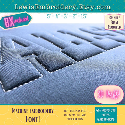 Embossed 3D Puff, Varsity, Machine Embroidery Font - With BX - (PDF Tutorial Included)