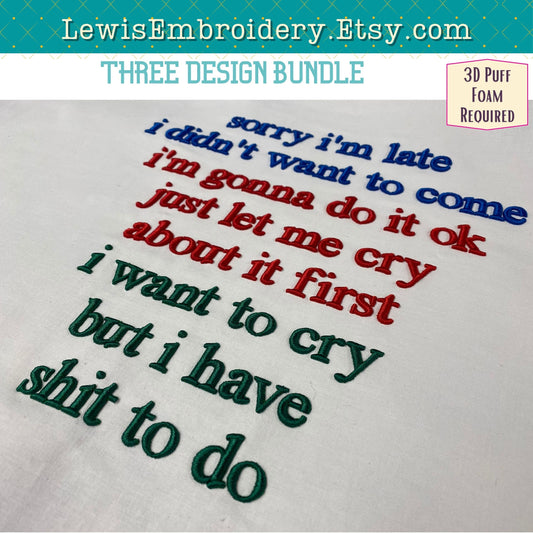 3D Puff, Sarcastic Phrases, Machine Embroidery Design Bundle – (PDF Tutorial Included)