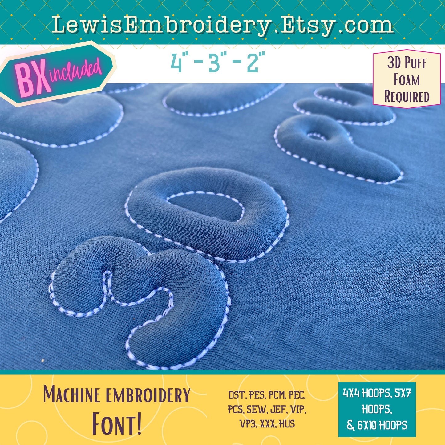 Bluey Embossed 3D Puff, Machine Embroidery Font - With BX - (PDF Tutorial Included)