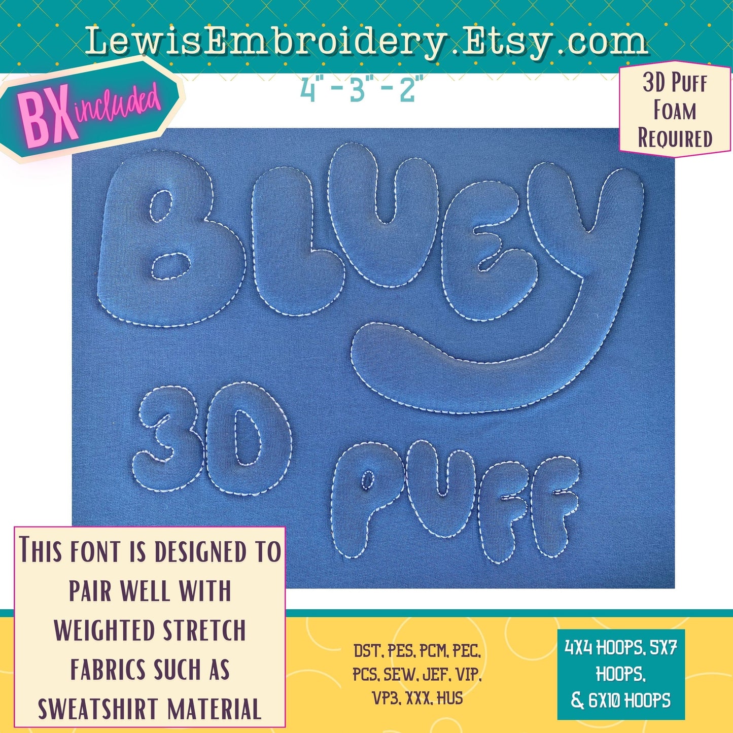 Bluey Embossed 3D Puff, Machine Embroidery Font - With BX - (PDF Tutorial Included)