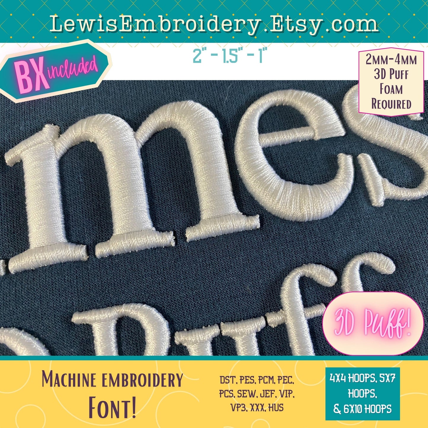 3D Puff, Times, Machine Embroidery Font - With BX - (PDF Tutorial Included)