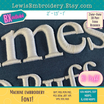 3D Puff, Times, Machine Embroidery Font - With BX - (PDF Tutorial Included)