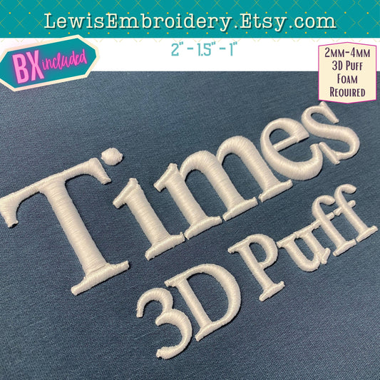 3D Puff, Times, Machine Embroidery Font - With BX - (PDF Tutorial Included)