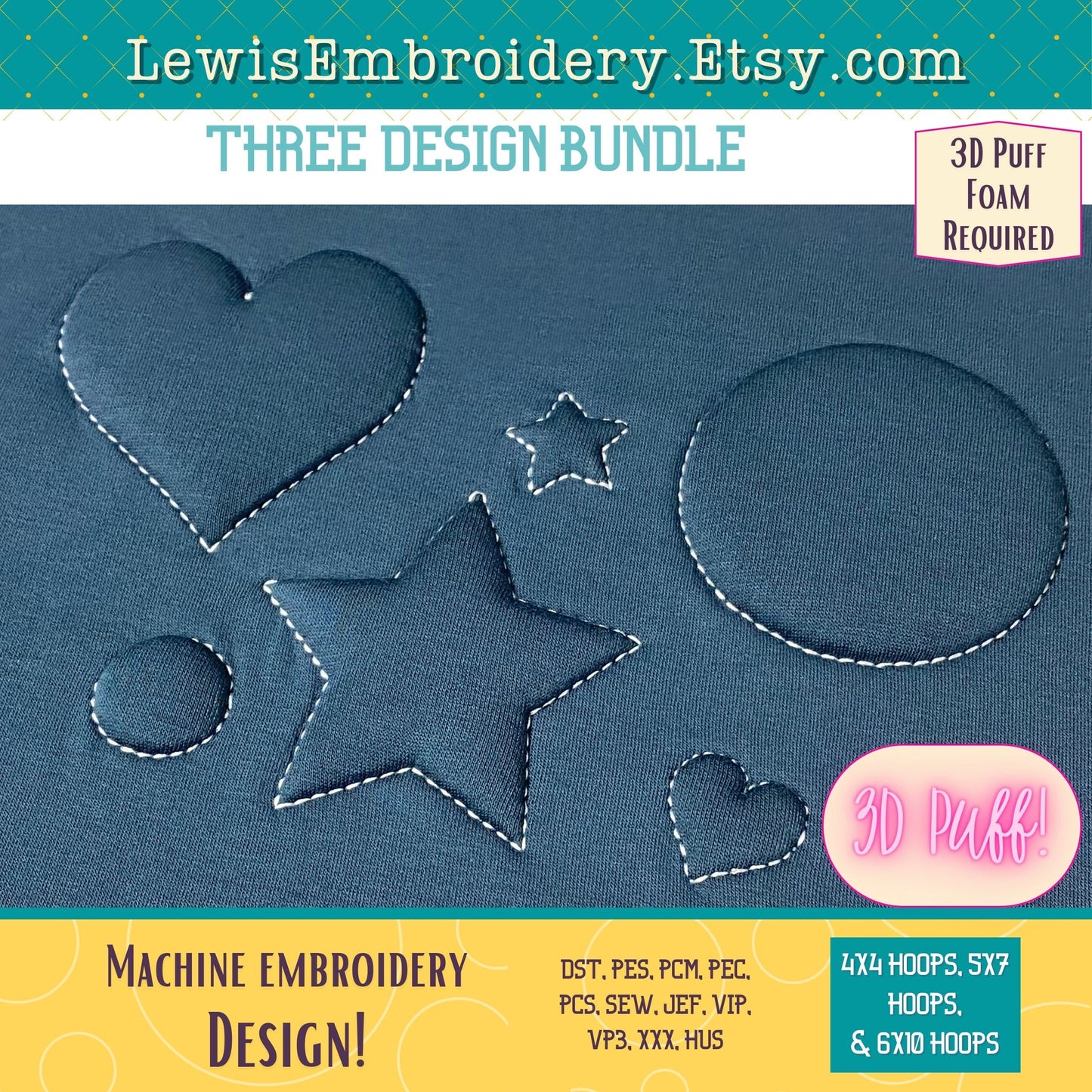 Embossed 3D Puff Shapes, Machine Embroidery Design - (PDF Tutorial Included)
