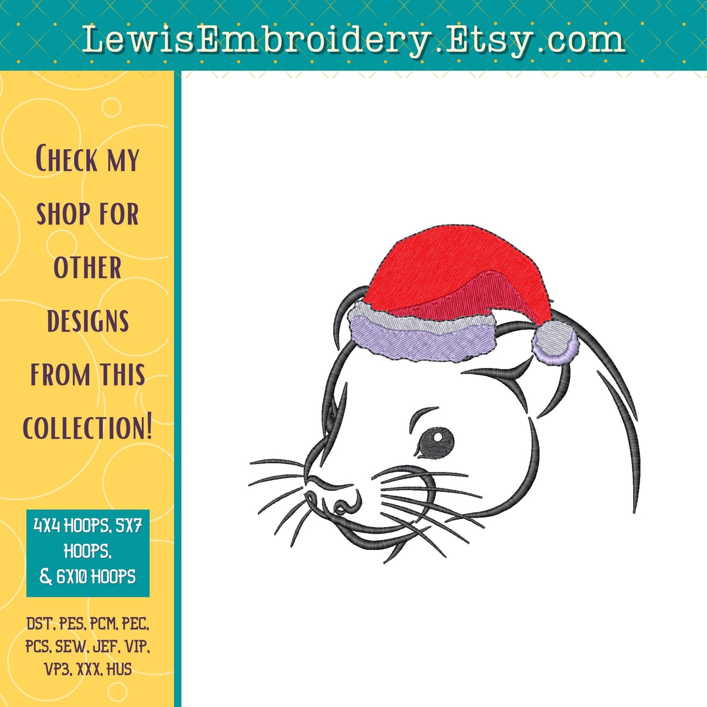 Santa Hat Ferret, Machine Embroidery Design – (Instant Download)