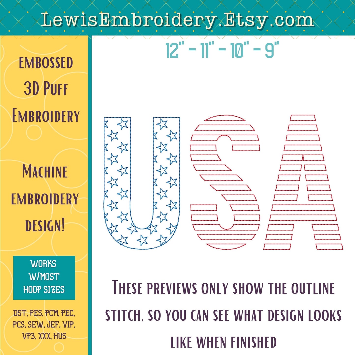 USA Flag Embossed 3D Puff, Machine Embroidery Design - NOT Full Font (PDF Tutorial Included)