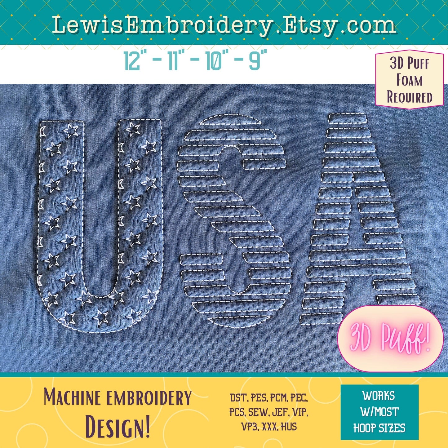 USA Flag Embossed 3D Puff, Machine Embroidery Design - NOT Full Font (PDF Tutorial Included)
