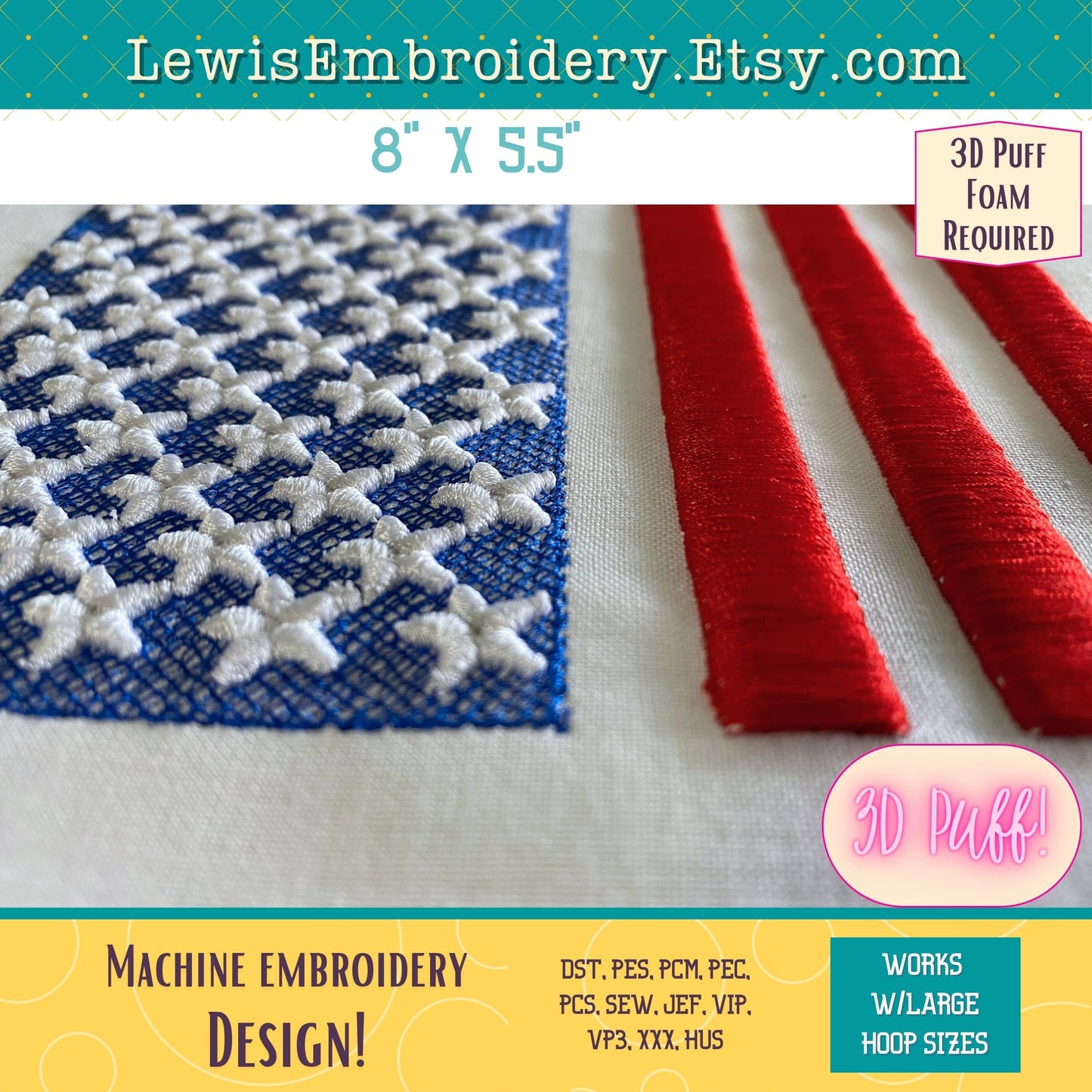 3D Puff USA Flag, Machine Embroidery Design - Large Jacket Back (PDF Tutorial Included)