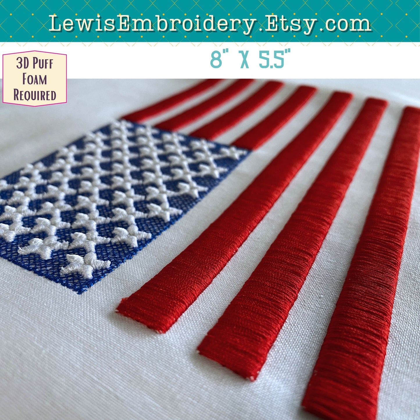 3D Puff USA Flag, Machine Embroidery Design - Large Jacket Back (PDF Tutorial Included)