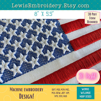3D Puff USA Flag, Machine Embroidery Design - Large Jacket Back (PDF Tutorial Included)