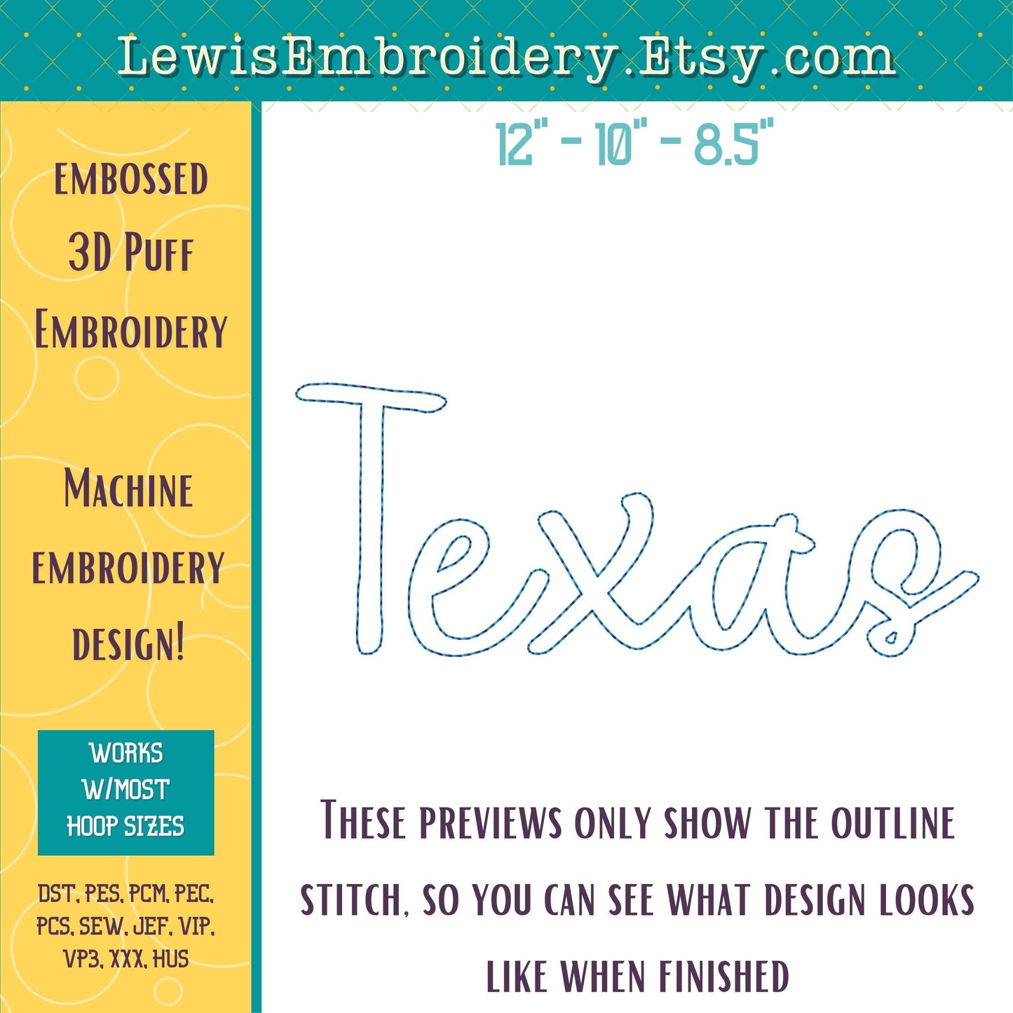 TEXAS Embossed 3D Puff, Machine Embroidery Design - NOT Full Font - (PDF Tutorial Included)