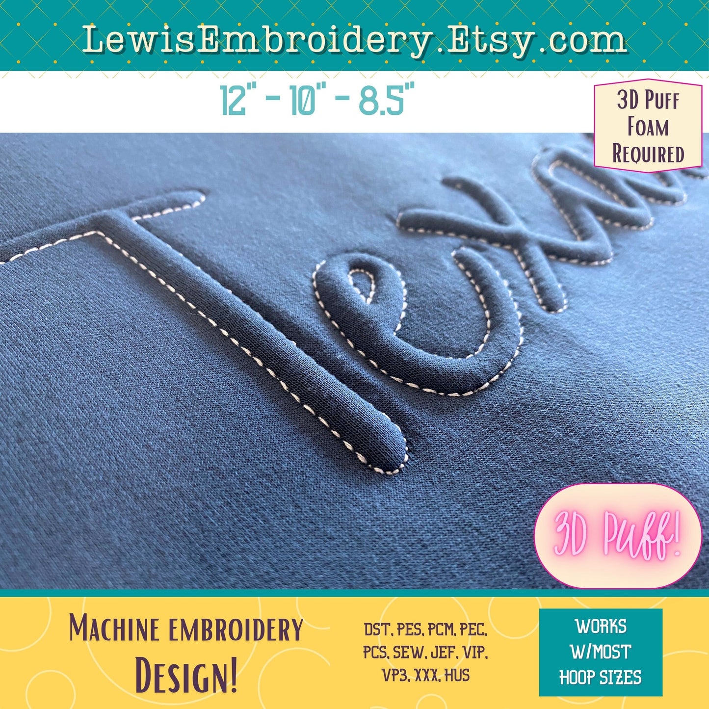 TEXAS Embossed 3D Puff, Machine Embroidery Design - NOT Full Font - (PDF Tutorial Included)