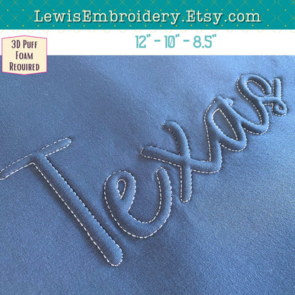 TEXAS Embossed 3D Puff, Machine Embroidery Design - NOT Full Font - (PDF Tutorial Included)